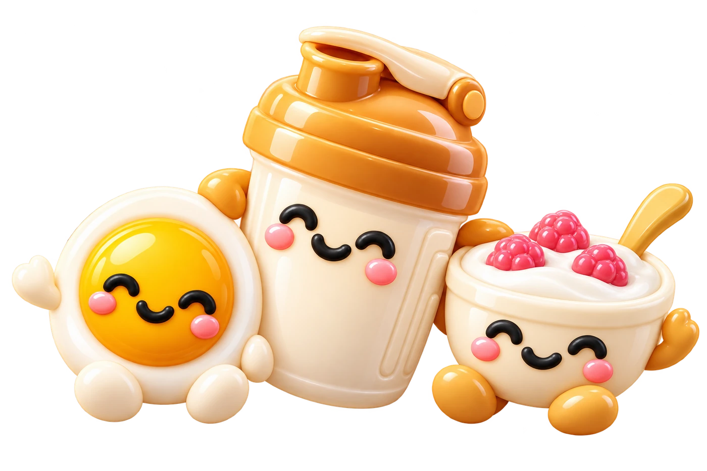 A smiling egg, protein shaker, and berry yogurt bowl sitting together
