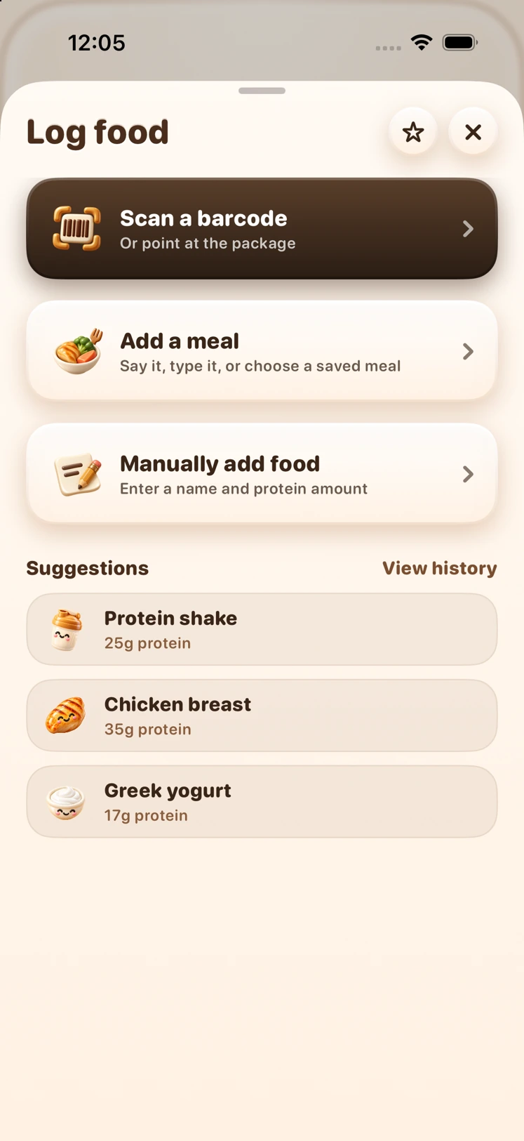 Real miarka Log food screen with search, barcode scanning, meal entry, manual entry, and favorite foods