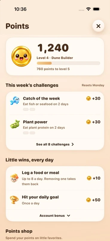 Real miarka Points screen with earned points, ways to earn, and rewards